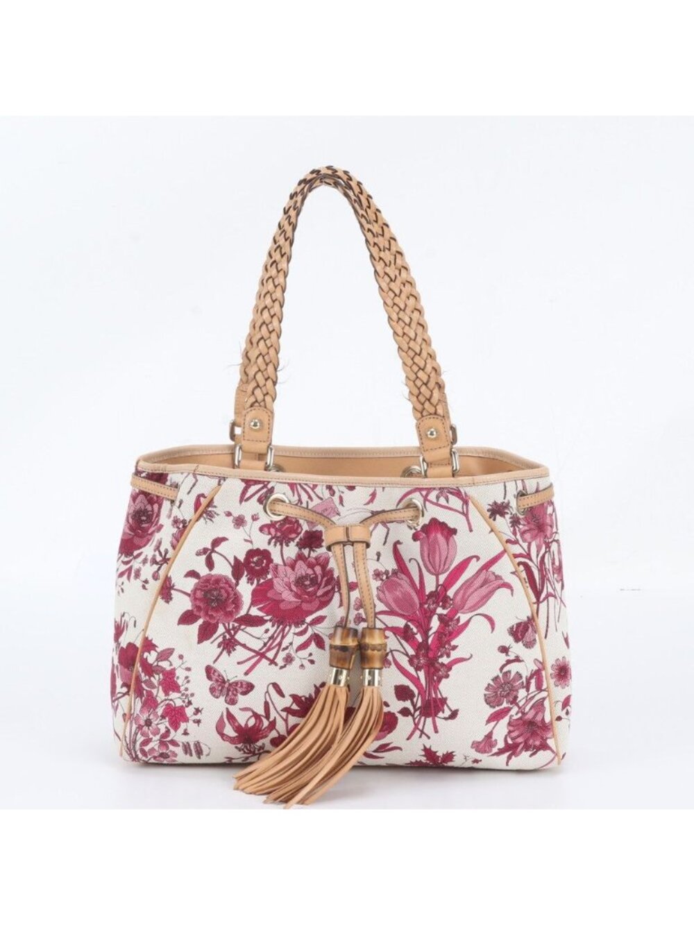 Gucci Bamboo Tassel Flower Leather Tote Shoulder